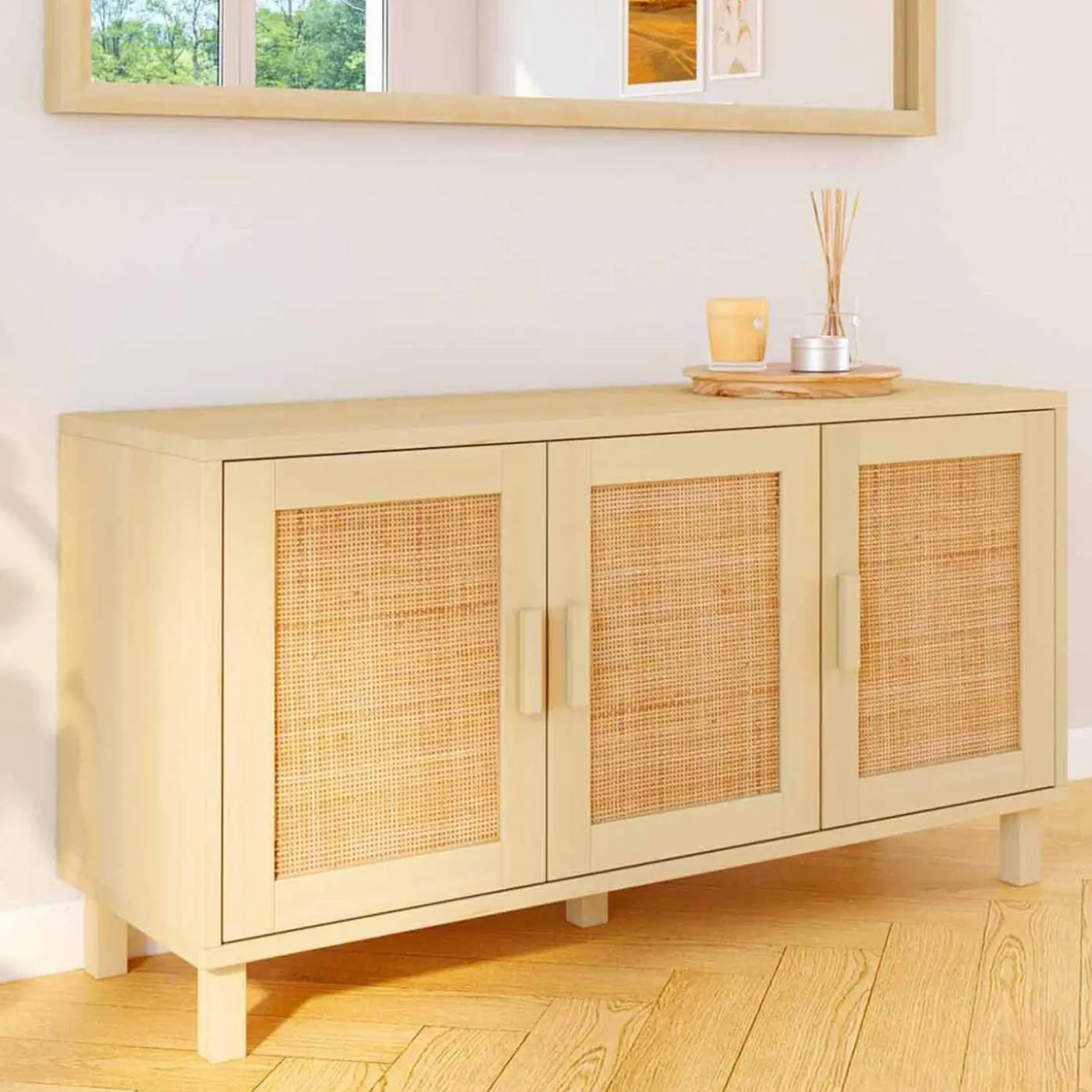 Buffet bas bois et cannage 3 portes