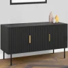 Buffet bas bois noir 110cm 3 portes effet lattes