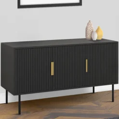Buffet bas bois noir 110cm 3 portes effet lattes