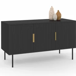 Buffet bas bois noir 110cm 3 portes effet lattes