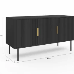 Buffet bas bois noir 110cm 3 portes effet lattes