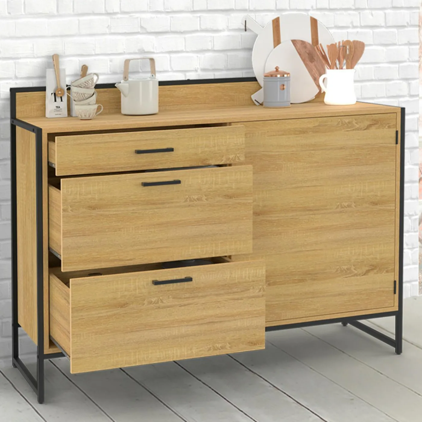 Buffet bas de cuisine 120 cm 3 tiroirs design industriel