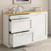 Buffet bas de cuisine 120 cm casserolier plan de travail H.83 cm 1 porte + 3 tiroirs blanc et plateau façon hêtre