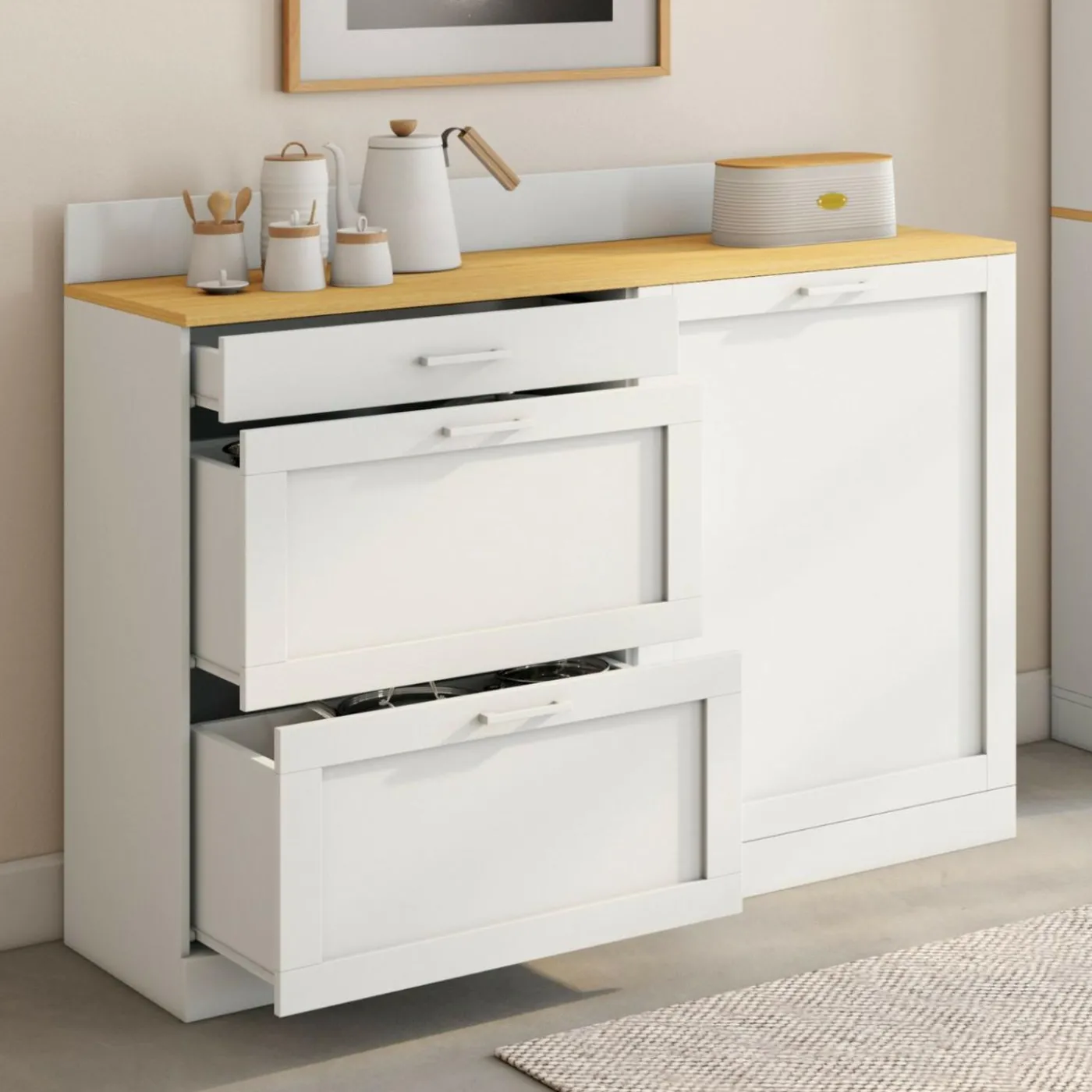 Buffet bas de cuisine 120 cm casserolier plan de travail H.83 cm 1 porte + 3 tiroirs blanc et plateau façon hêtre