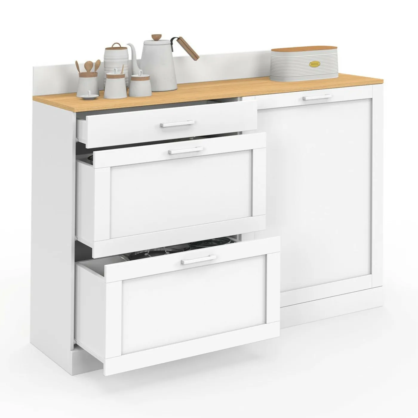 Buffet bas de cuisine 120 cm casserolier plan de travail H.83 cm 1 porte + 3 tiroirs blanc et plateau façon hêtre