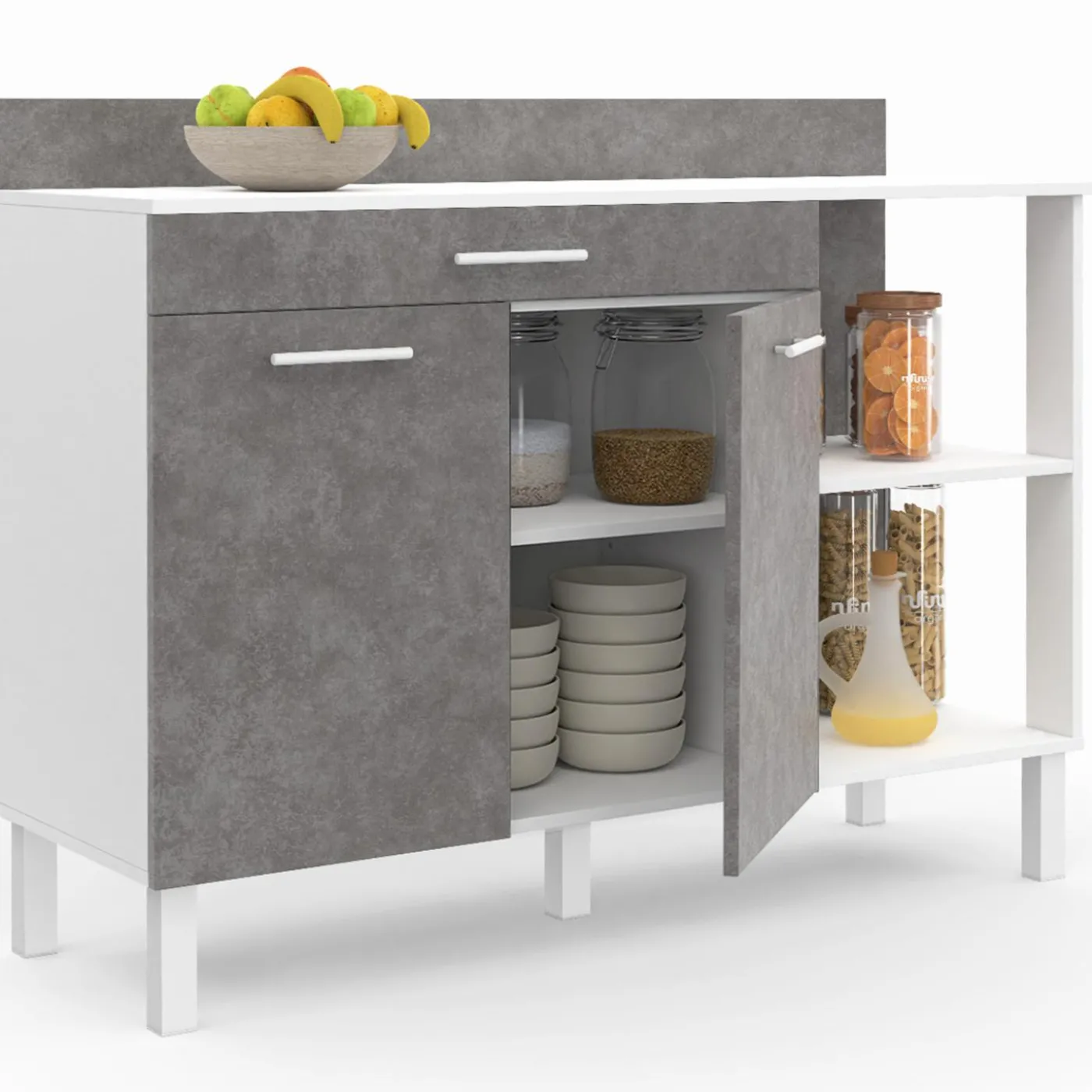 Buffet bas de cuisine blanc 120 cm 2 portes + tiroir effet béton