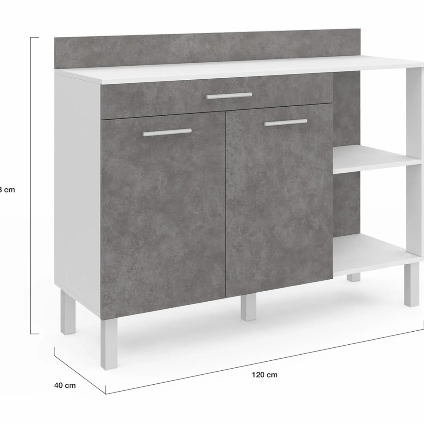 Buffet bas de cuisine blanc 120 cm 2 portes + tiroir effet béton