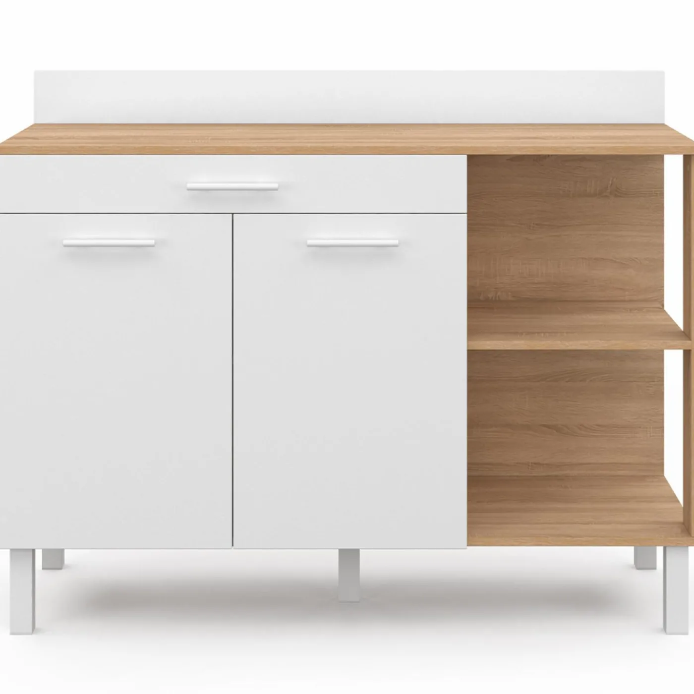 Buffet bas de cuisine bois façon hêtre 120 cm 2 portes + tiroir blanc