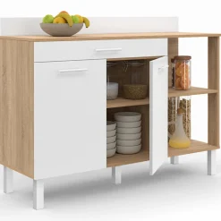 Buffet bas de cuisine bois façon hêtre 120 cm 2 portes + tiroir blanc