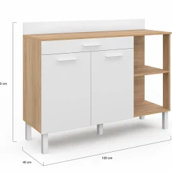 Buffet bas de cuisine bois façon hêtre 120 cm 2 portes + tiroir blanc