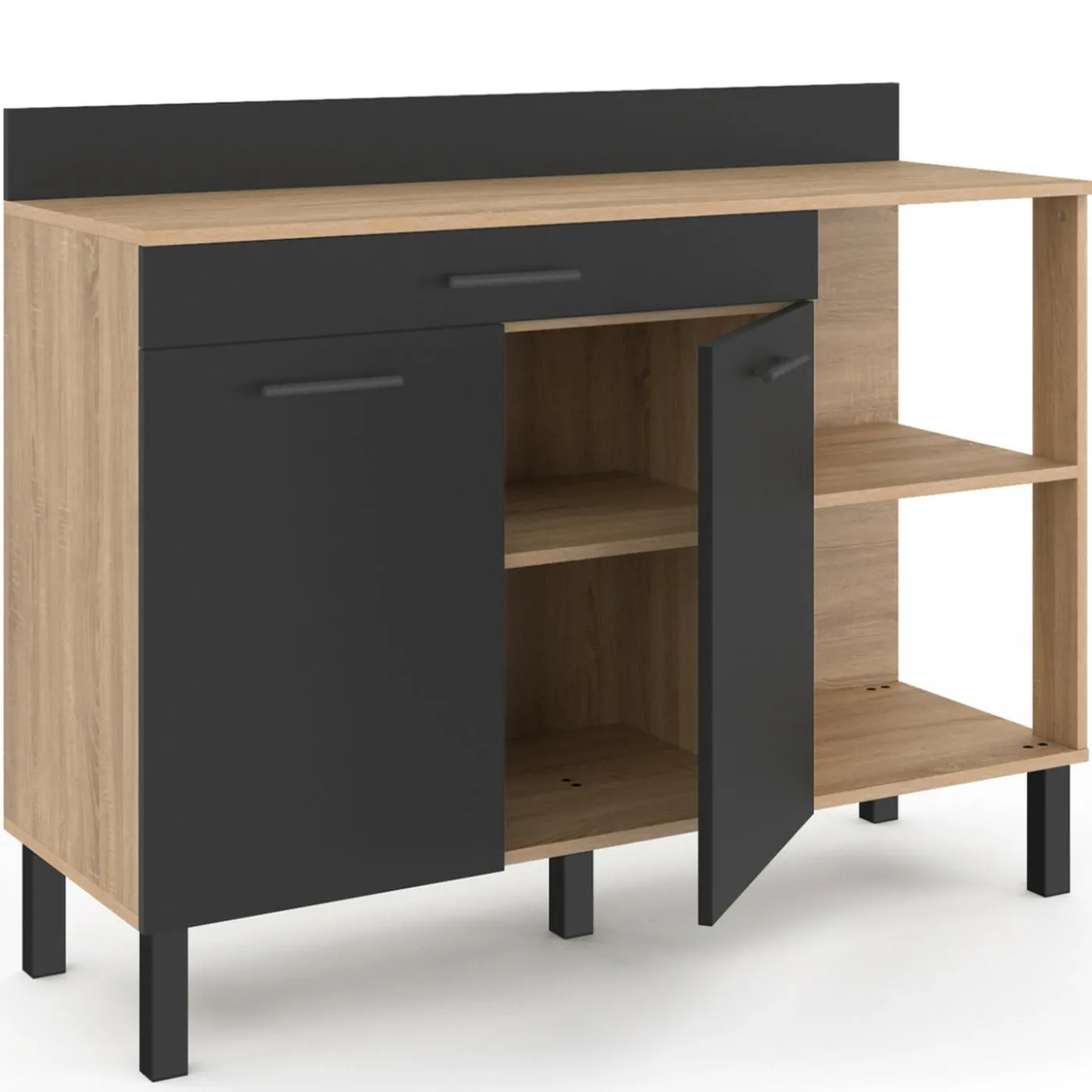 Buffet bas de cuisine bois façon hêtre 120 cm 2 portes + tiroir noir