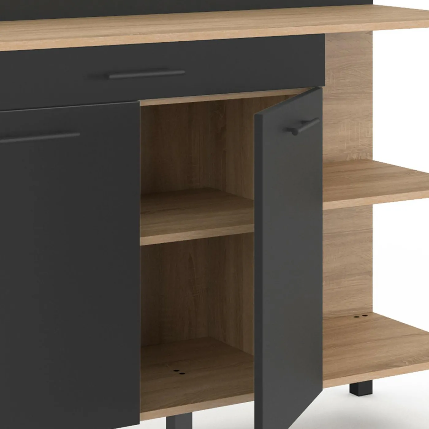 Buffet bas de cuisine bois façon hêtre 120 cm 2 portes + tiroir noir