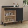 Buffet bas de cuisine en bois façon hêtre 100 cm porte + tiroir noir