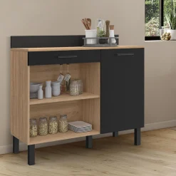 Buffet bas de cuisine en bois façon hêtre 100 cm porte + tiroir noir