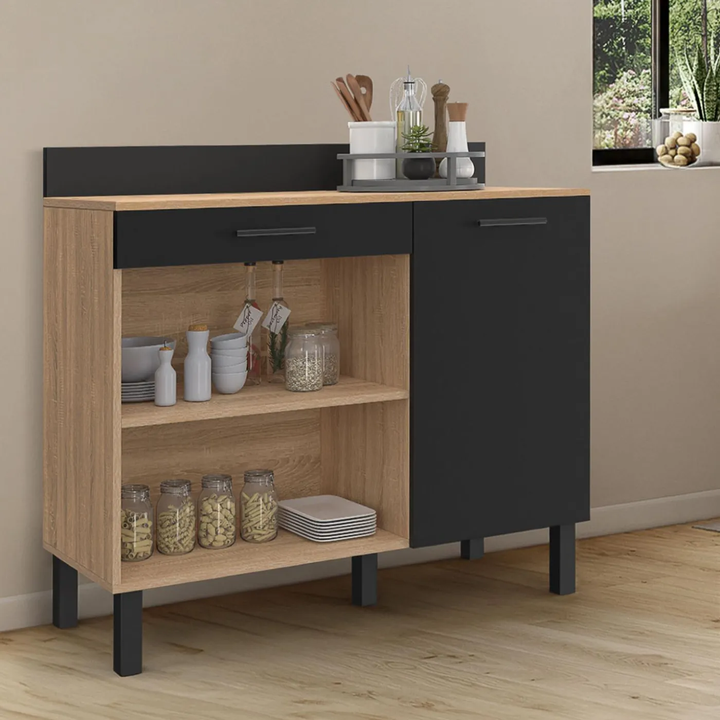 Buffet bas de cuisine en bois façon hêtre 100 cm porte + tiroir noir