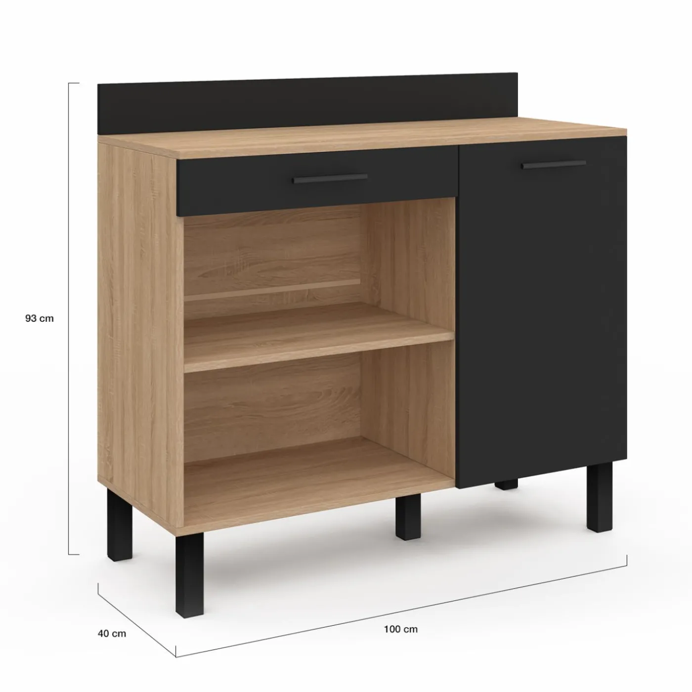 Buffet bas de cuisine en bois façon hêtre 100 cm porte + tiroir noir