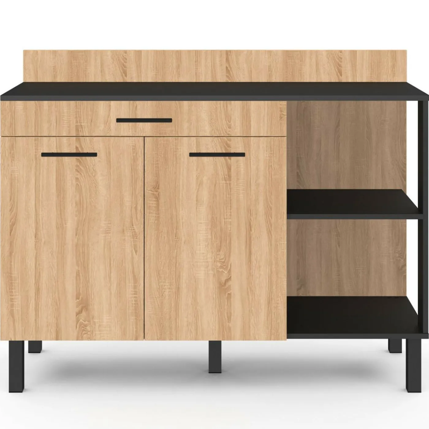 Buffet bas de cuisine noir 120 cm 2 portes + tiroir bois façon hêtre