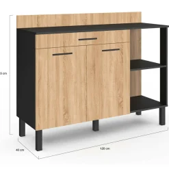 Buffet bas de cuisine noir 120 cm 2 portes + tiroir bois façon hêtre