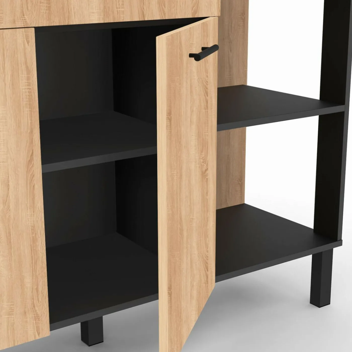 Buffet bas de cuisine noir 120 cm 2 portes + tiroir bois façon hêtre