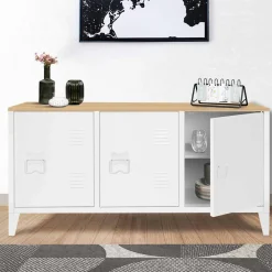 Buffet bas en métal blanc avec plateau de bois
