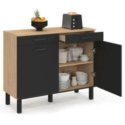 Buffet bas hêtre et noir avec espace poubelle