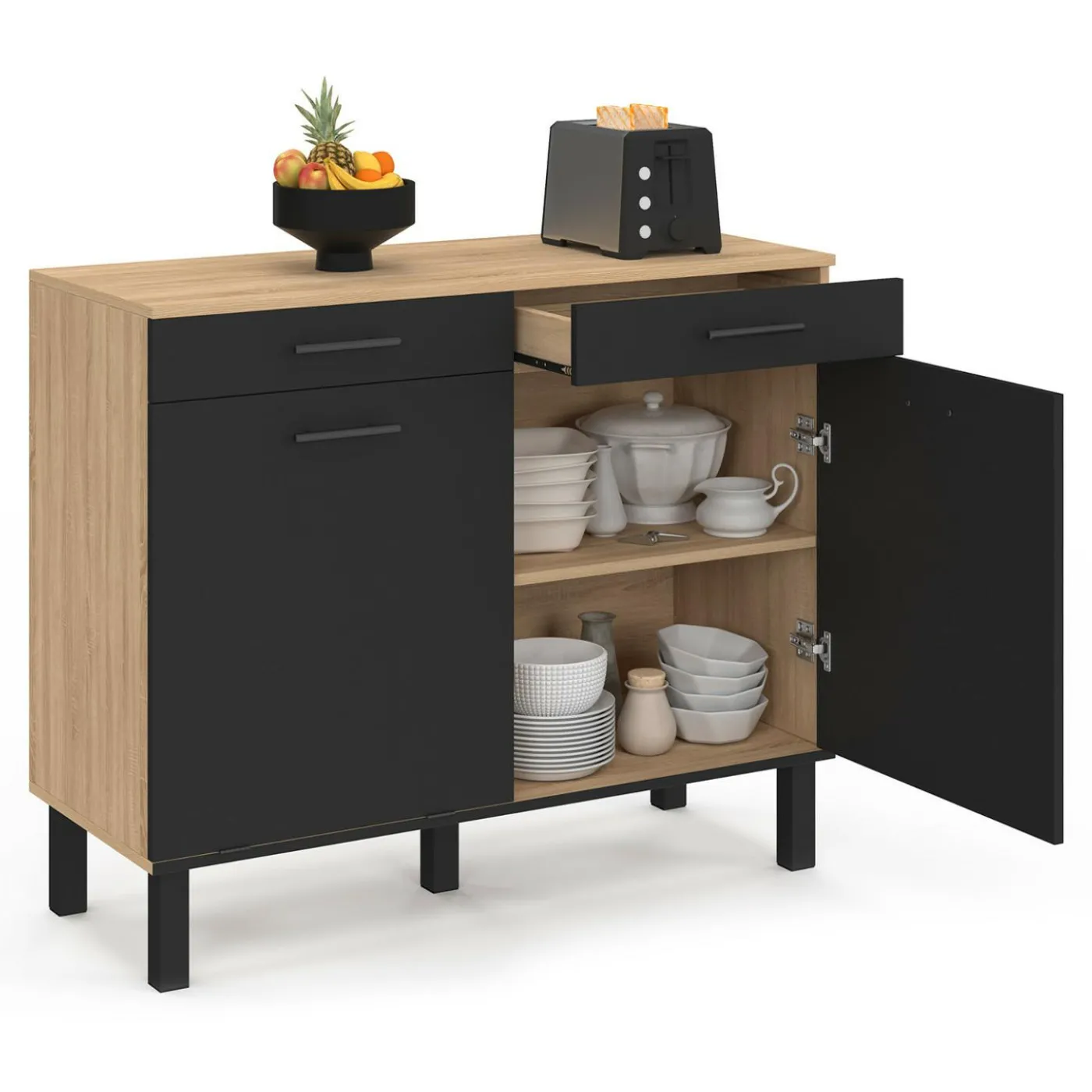 Buffet bas hêtre et noir avec espace poubelle