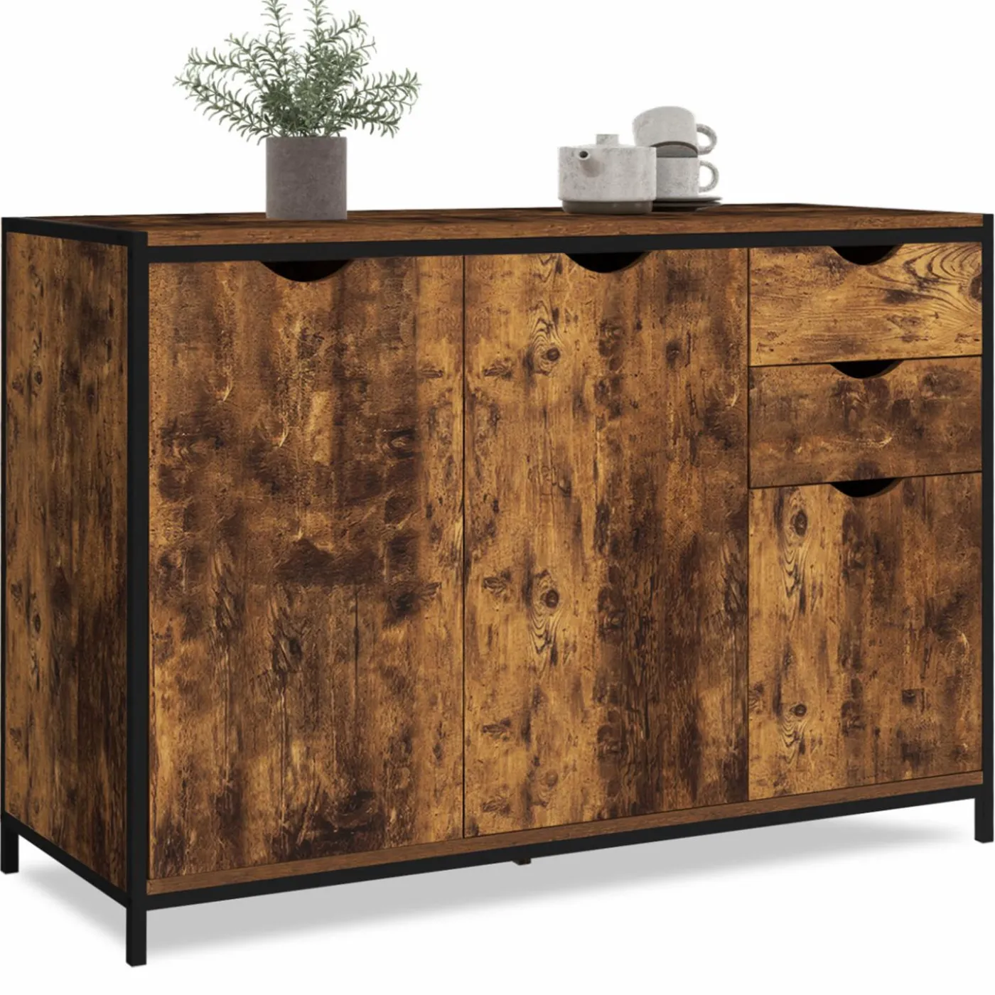 Buffet bas industriel 110 cm avec placards et tiroirs