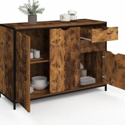 Buffet bas industriel 110 cm avec placards et tiroirs