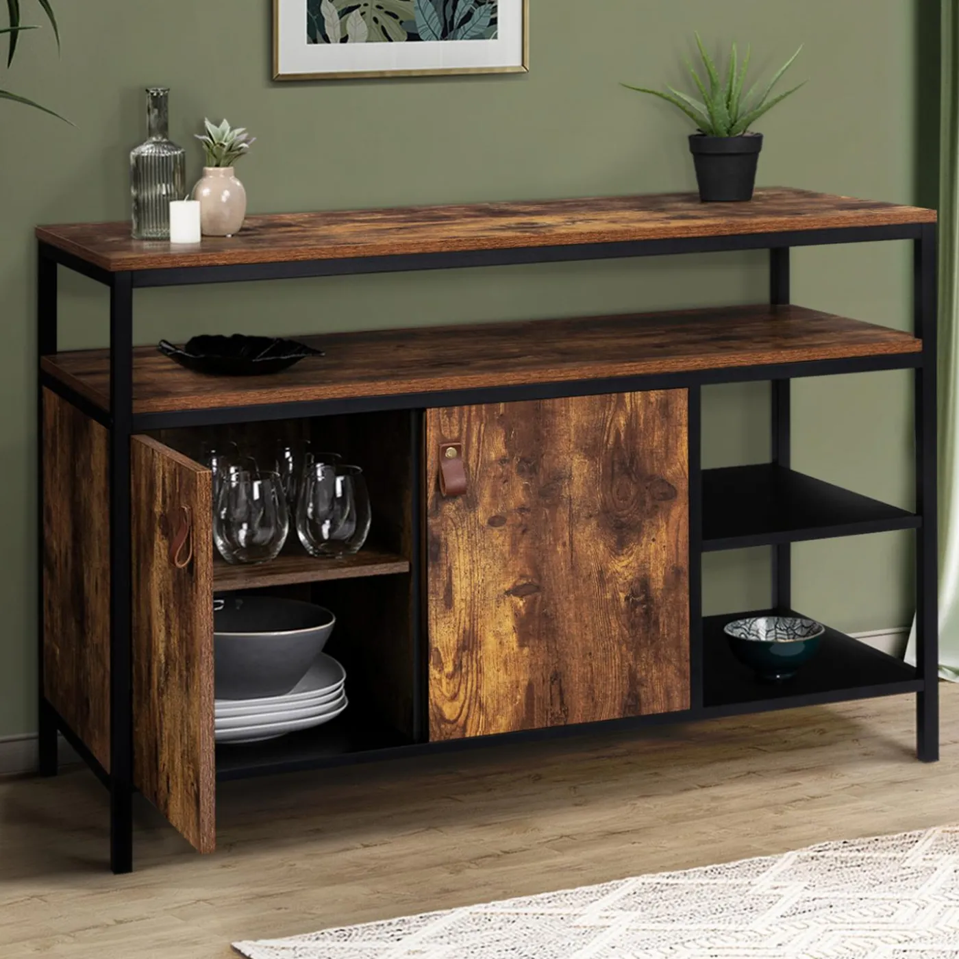 Buffet bas industriel 2 portes effet bois vieilli 100 cm