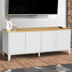 Buffet bas industriel 4 portes métal blanc et plateau bois