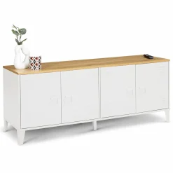 Buffet bas industriel 4 portes métal blanc et plateau bois