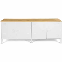 Buffet bas industriel 4 portes métal blanc et plateau bois