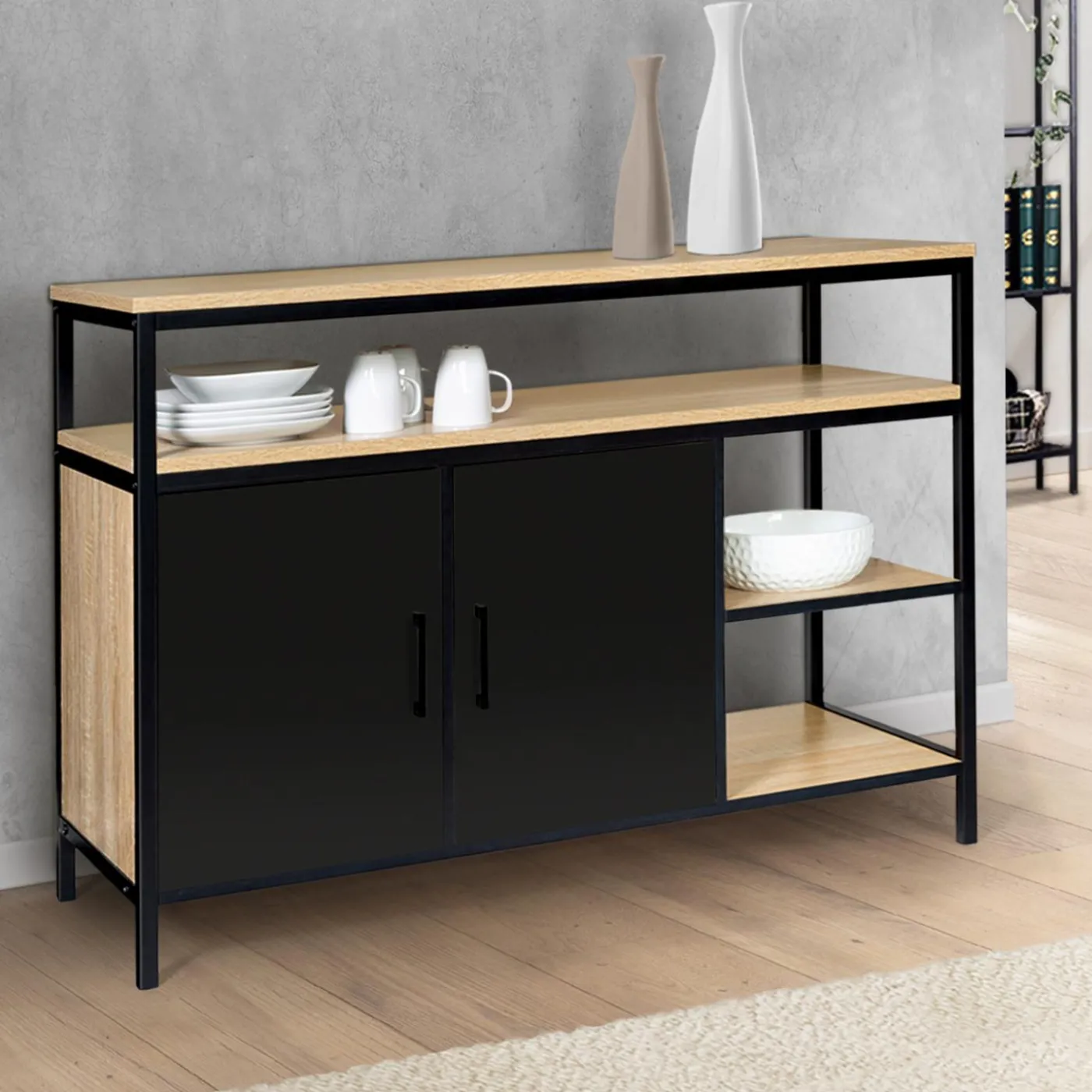 Buffet bas industriel 2 portes bois et métal noir 100 cm