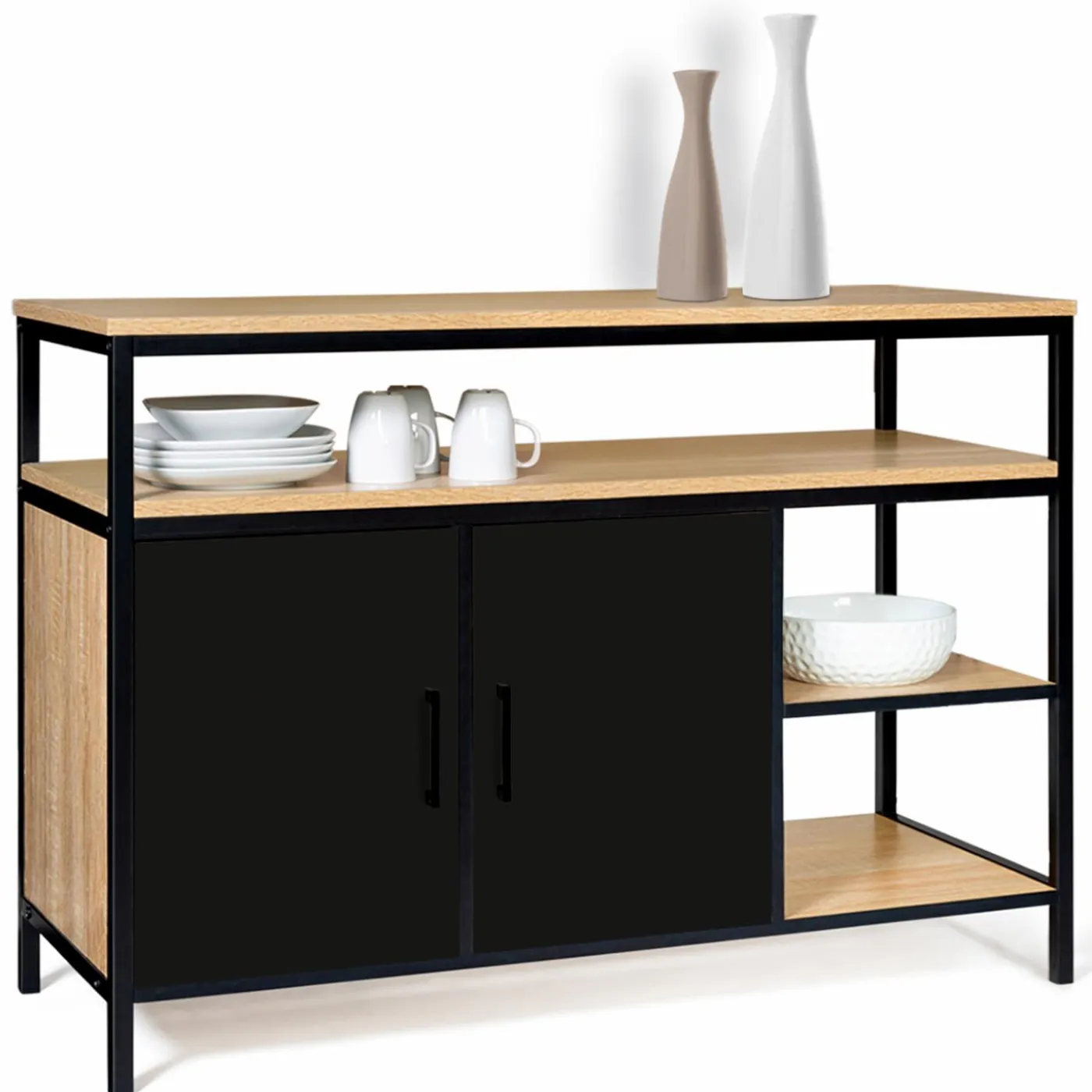 Buffet bas industriel 2 portes bois et métal noir 100 cm