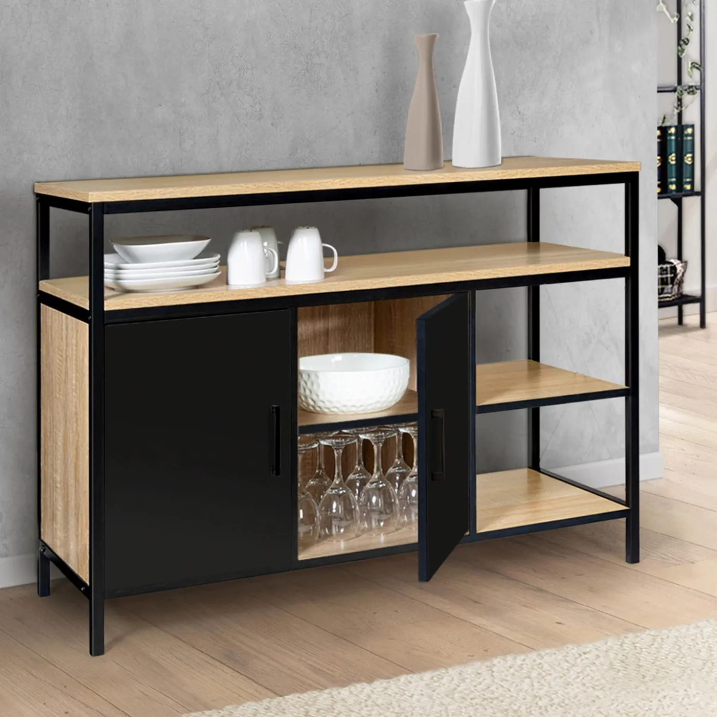 Buffet bas industriel 2 portes bois et métal noir 100 cm