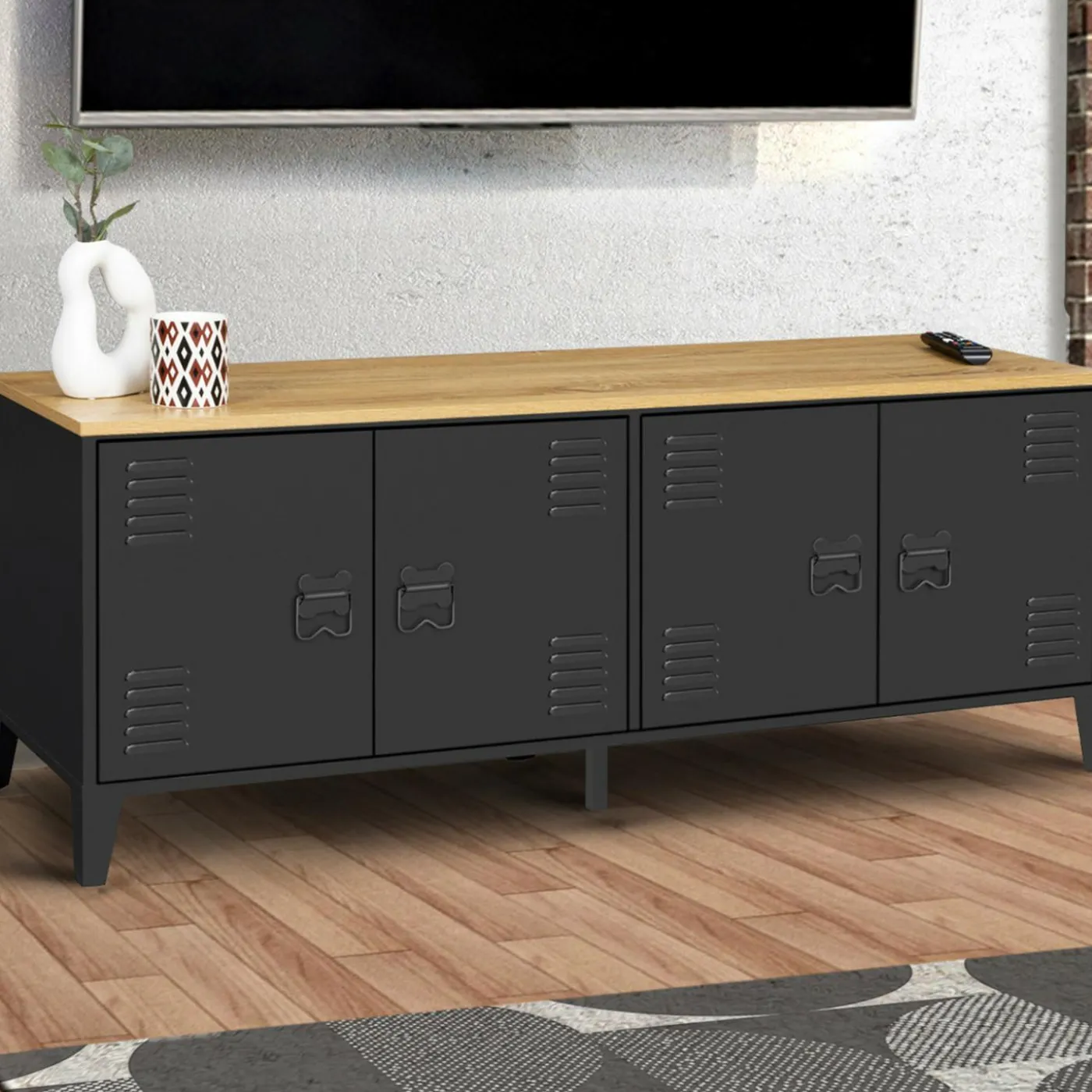 Buffet bas style industriel 4 portes métal noir et plateau bois 140 cm