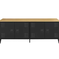Buffet bas style industriel 4 portes métal noir et plateau bois 140 cm