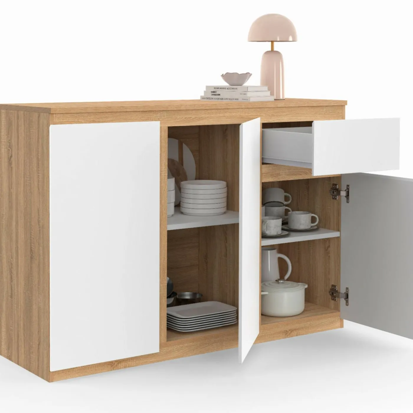 Buffet blanc et bois 100 cm 3 portes et 1 tiroir