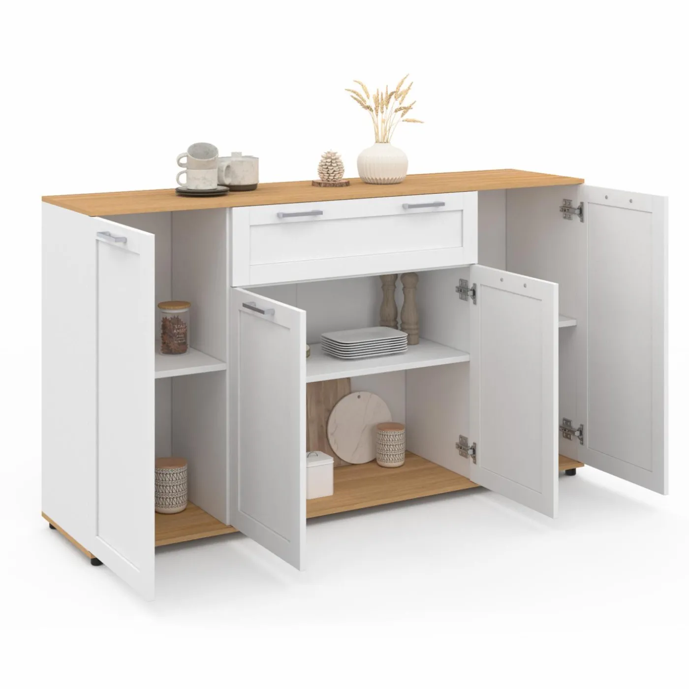 Buffet blanc et bois 4 portes 1 tiroir