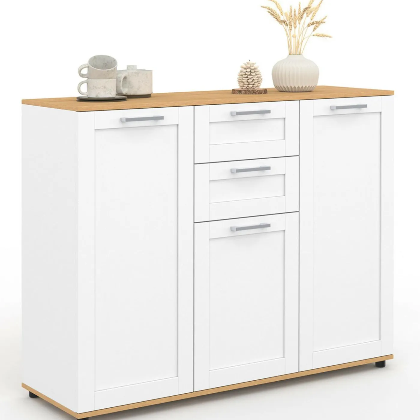 Buffet blanc et plateau bois 100 cm avec 3 portes et 2 tiroirs