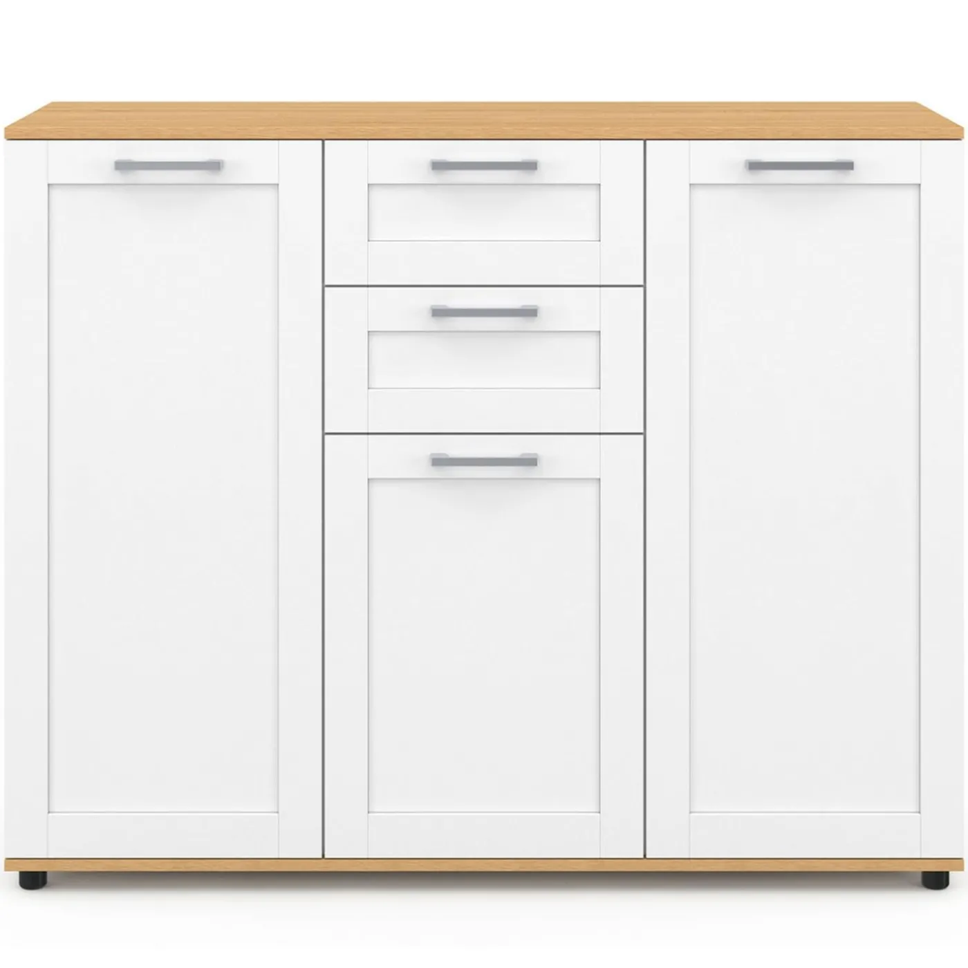 Buffet blanc et plateau bois 100 cm avec 3 portes et 2 tiroirs