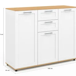 Buffet blanc et plateau bois 100 cm avec 3 portes et 2 tiroirs