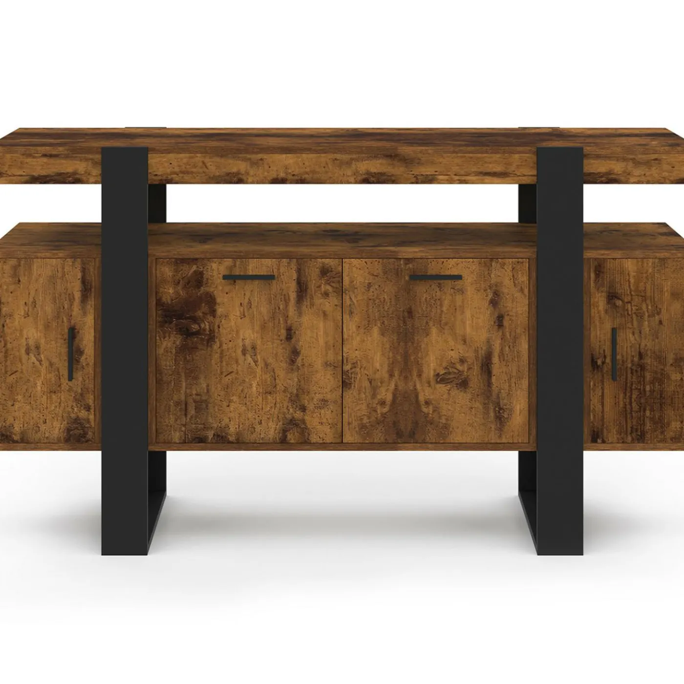 Buffet bois effet vieilli et noir 140 cm 4 portes