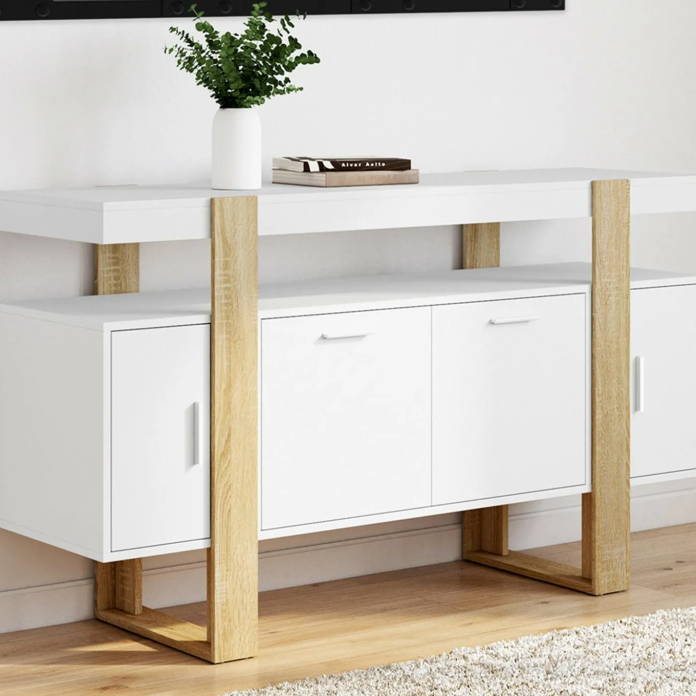 Buffet bois et blanc 140 cm avec 4 portes