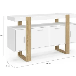 Buffet bois et blanc 140 cm avec 4 portes