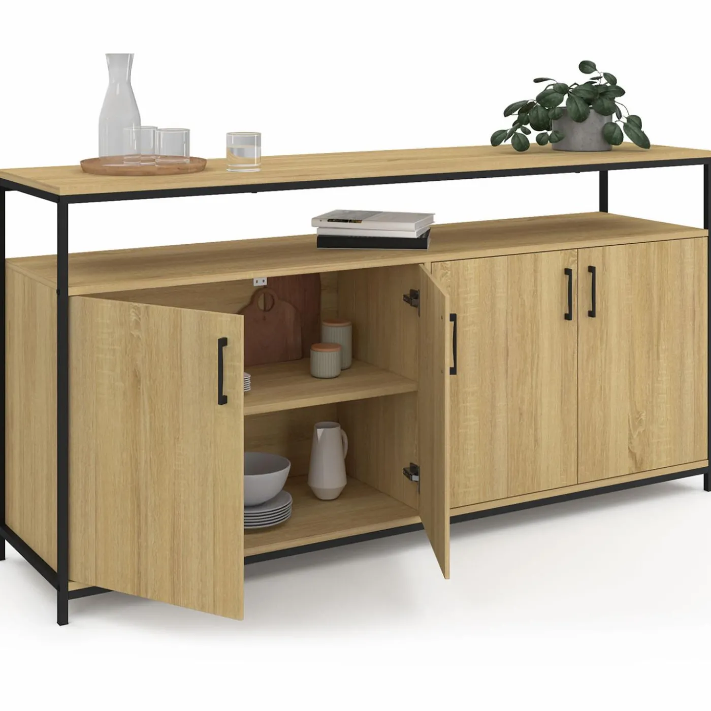 Buffet bois et noir style industriel 160 cm 4 portes