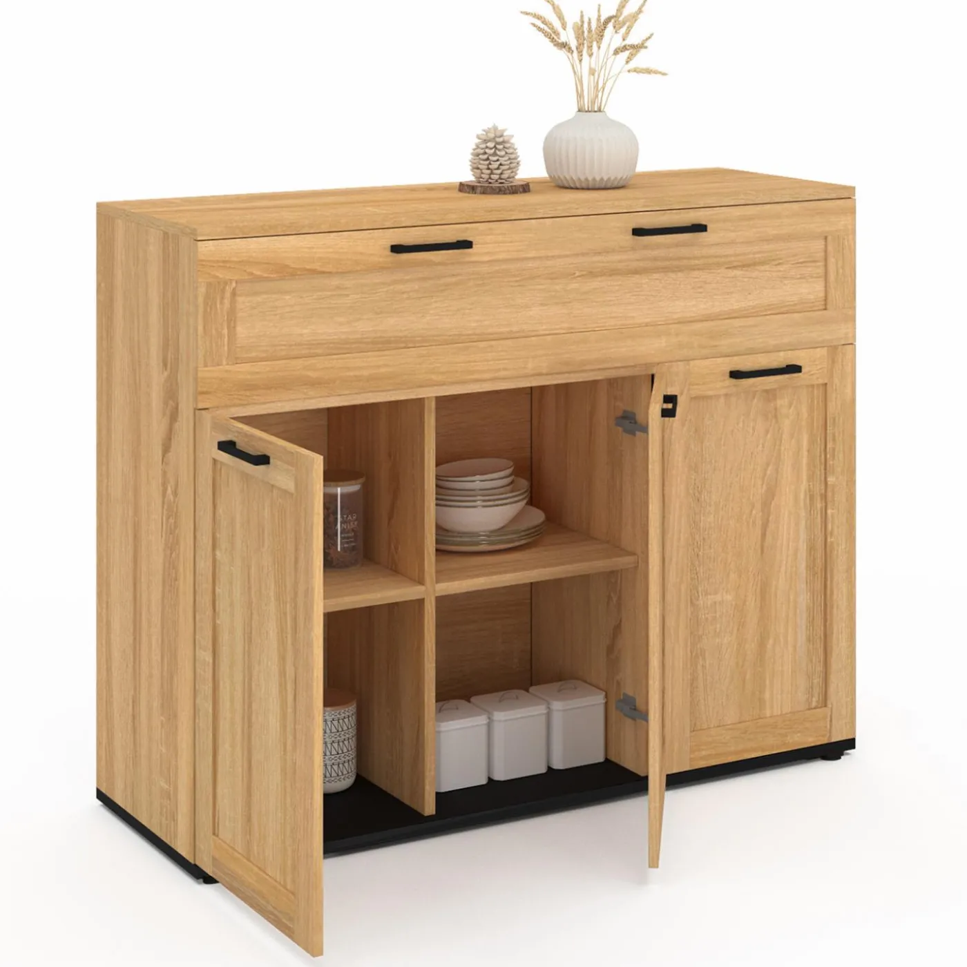 Buffet bois et poignées noires 100 cm avec 3 portes et 1 tiroir