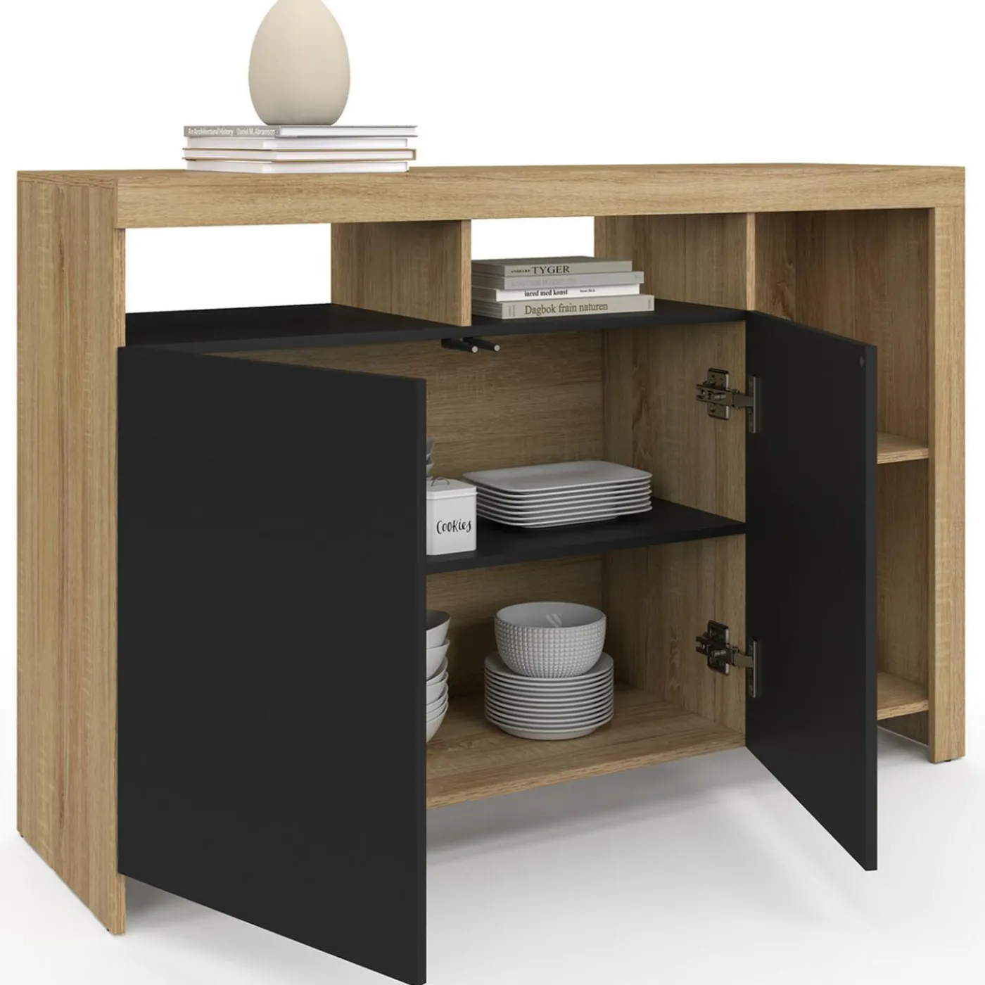 Buffet bois façon hêtre avec portes noires