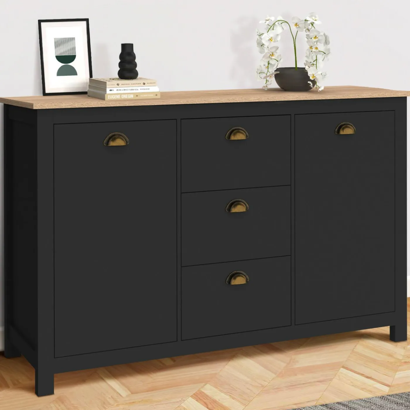 Buffet campagne 130 CM 2 portes 3 tirroirs bois et noir