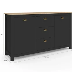 Buffet campagne 130 CM 2 portes 3 tirroirs bois et noir